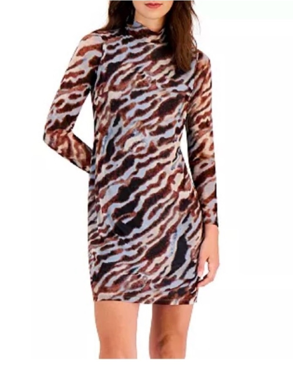 Bar III Long-Sleeve Animal Print Mesh Dress in Brown, Blue and Black
